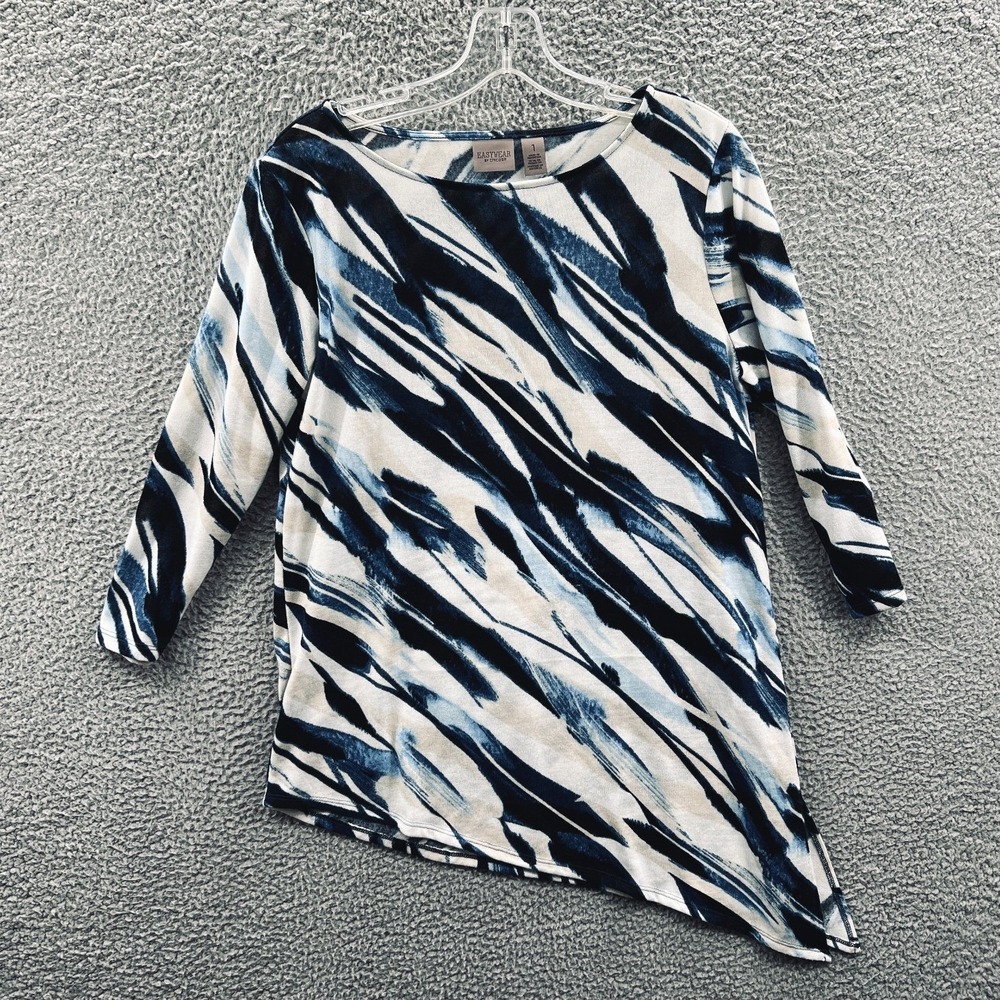 Chicos Womens Abstract Artsy Tunic Top M Asymmetrical Hem Indie Stretch Modern‎